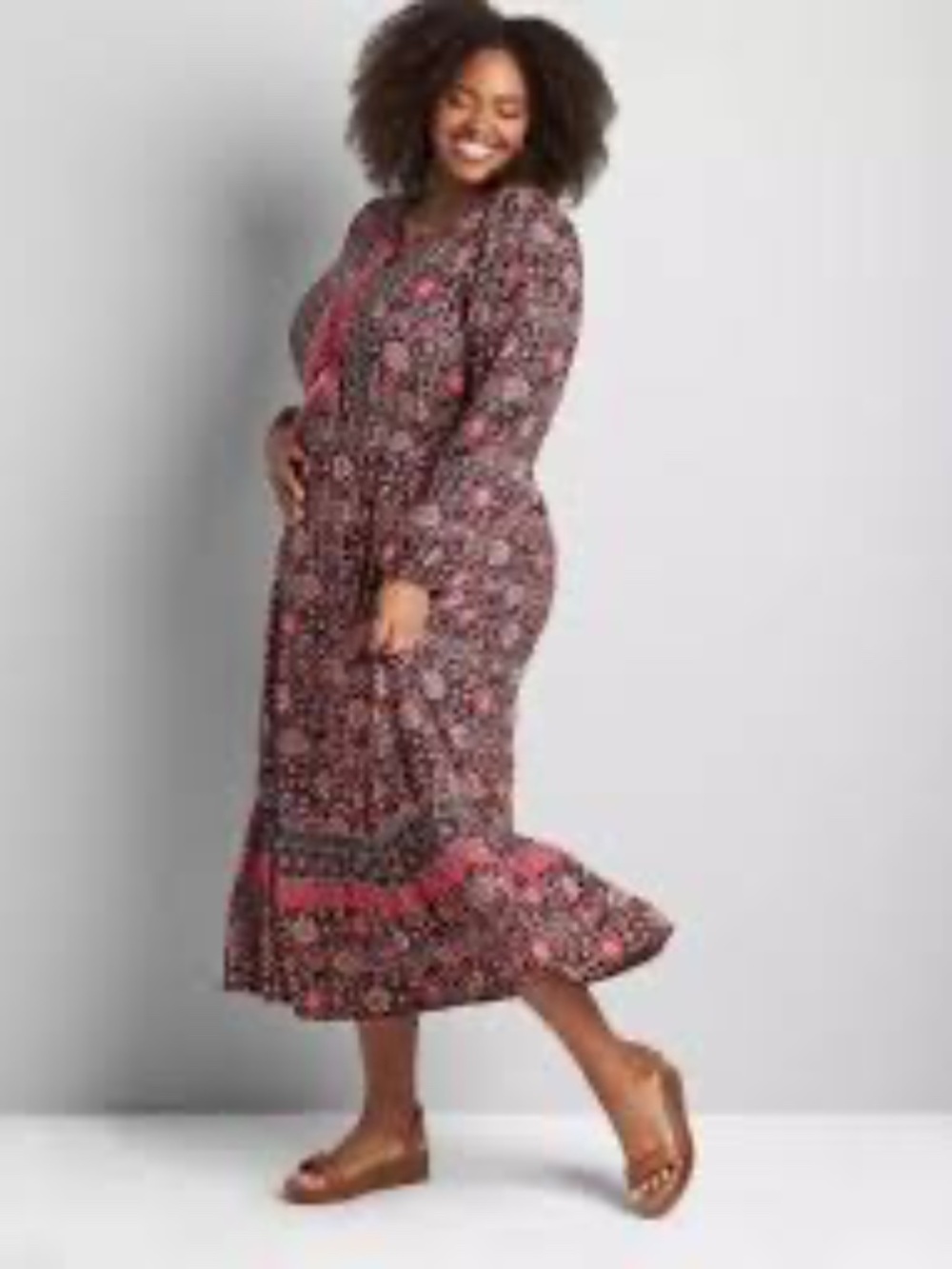 Lane Bryant Long-Sleeve Lace-Up Neck Bohemian Style Midi Dress Size 24